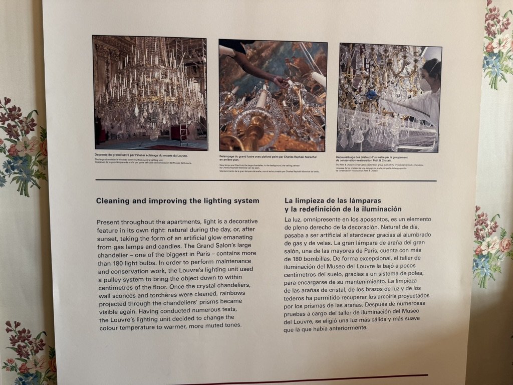 A placard at the Louvre describing the cleaning of the Grand Salon chandelier in the Napoleon III apartments